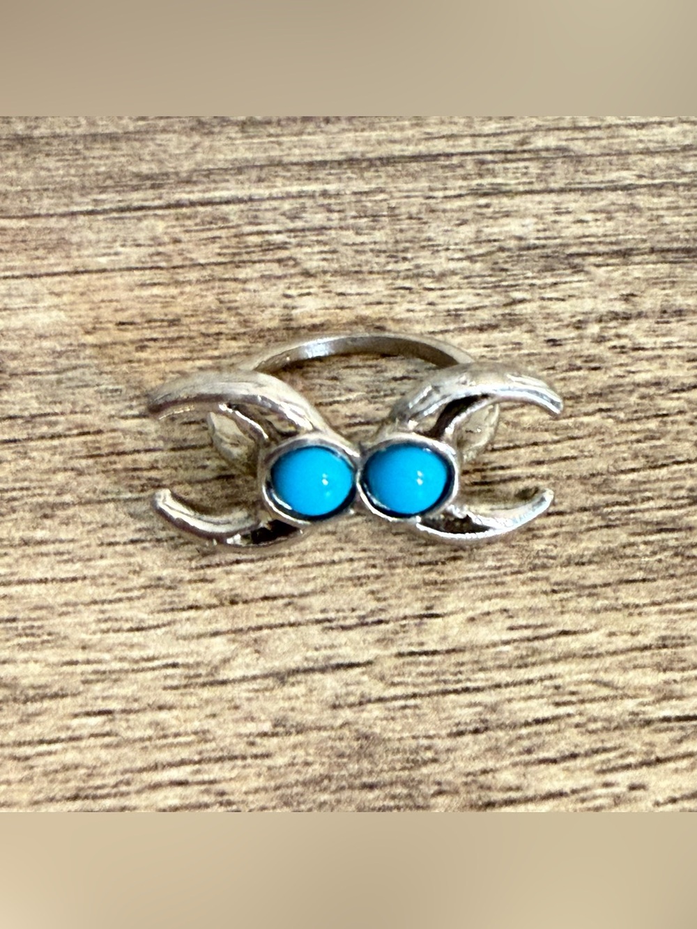 Silver Tone Faux Turquoise Cabochon Ring Unique Double Crescent Moon Boho